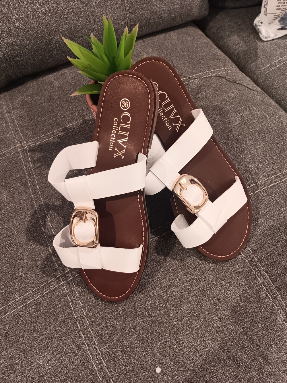 & Other Stories White Strappy Slide Sandals with Gold Buckle